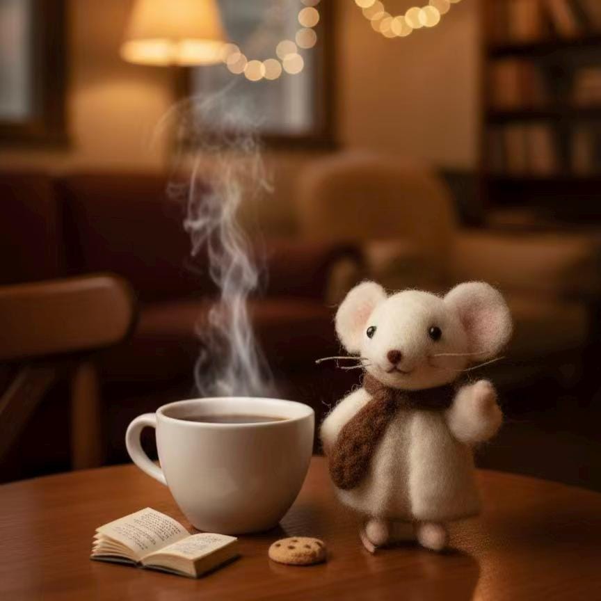 Needle felted handmade wool mouse figurine reading with scarf, perfect for book lovers, crafted by wwwilovefelt.