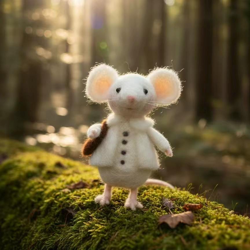 Needle felted handmade wool mouse figurine wearing a scarf, holding a book, perfect for book lovers and cozy home decor.