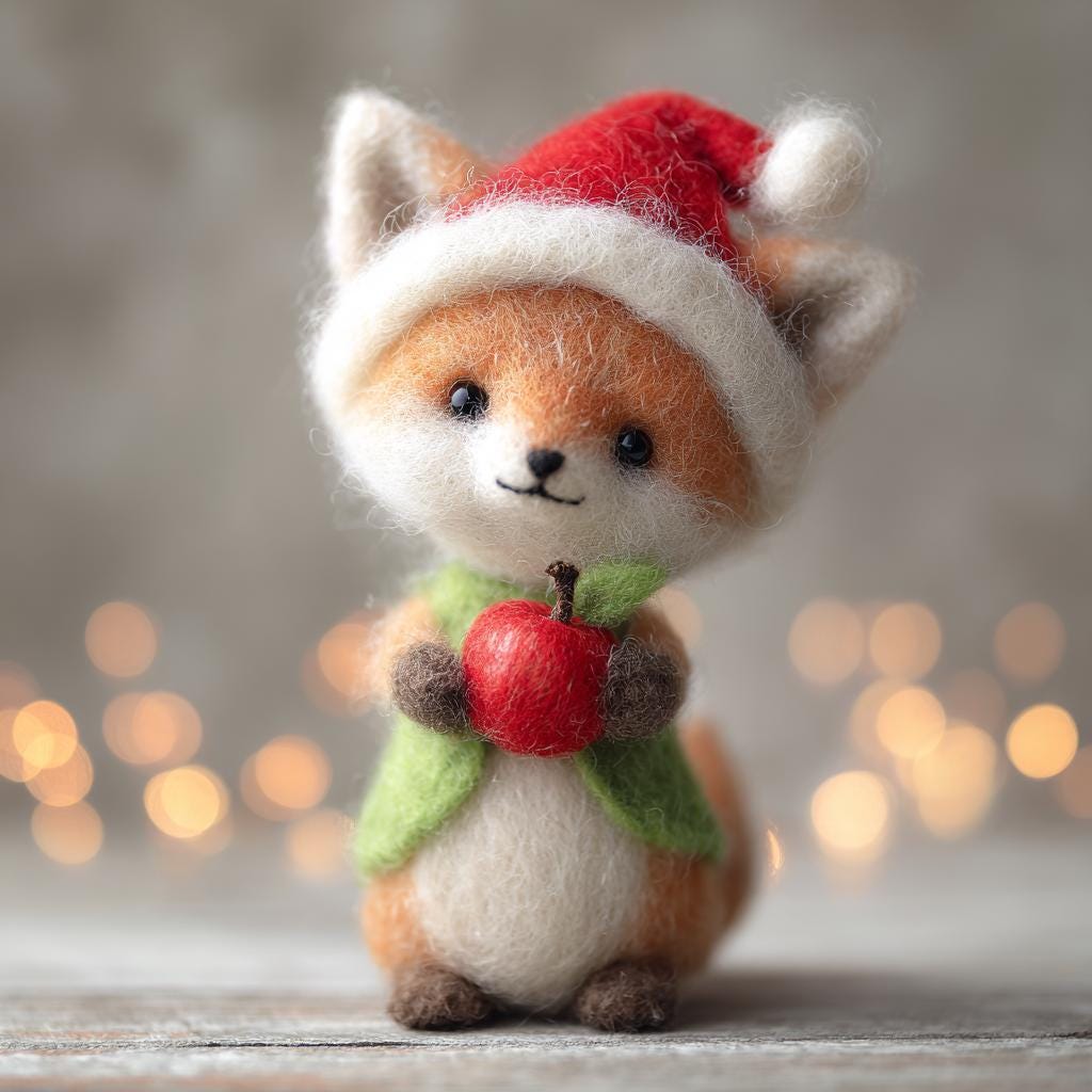 Needle-felted winter fox figurine by wwwilovefelt, showcasing detailed wool felt craft as a charming keepsake decor piece.