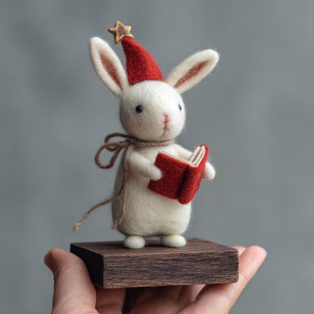 Handmade Felt Bunny with Book – Wool Reading Rabbit Figurine