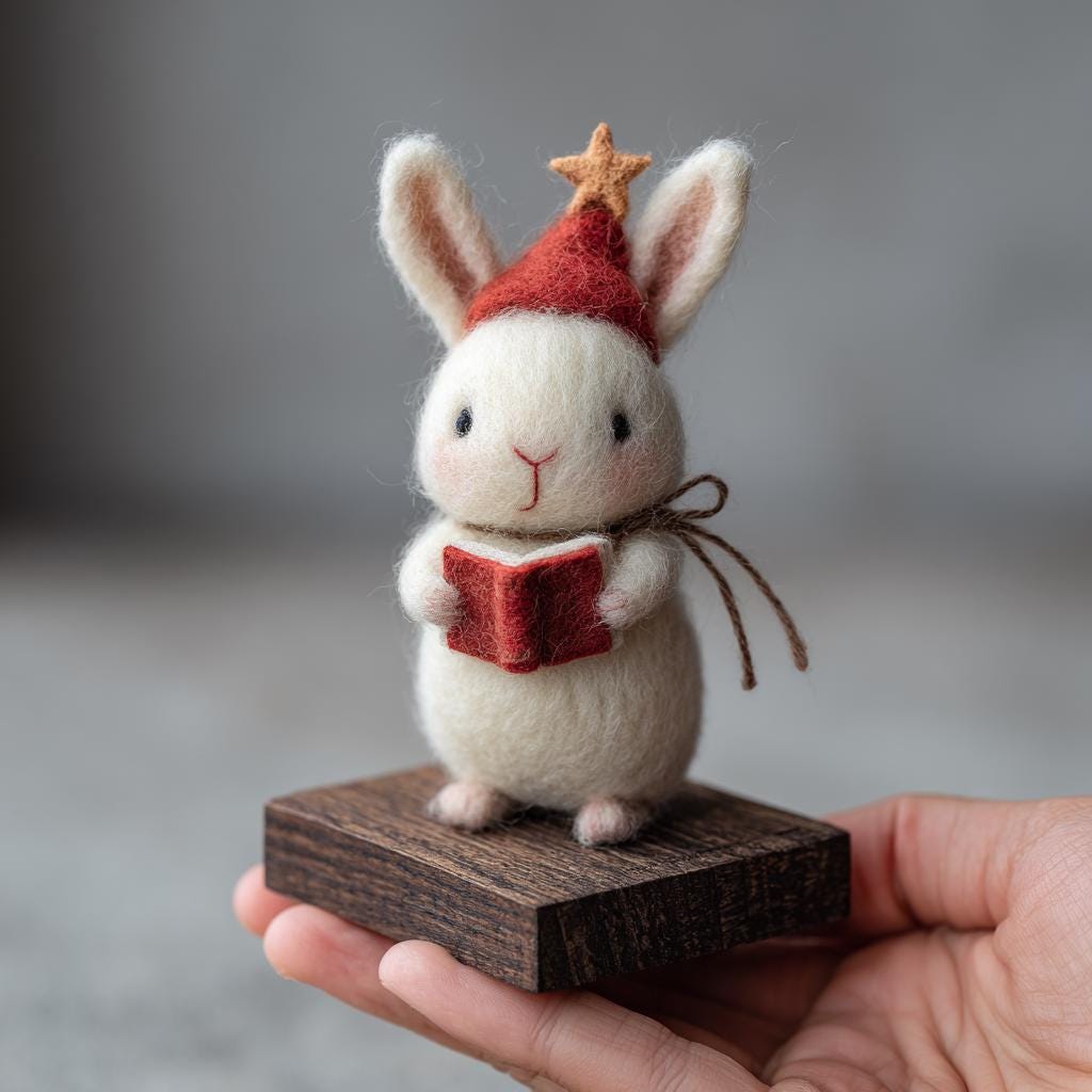 Handmade Felt Bunny with Book – Wool Reading Rabbit Figurine