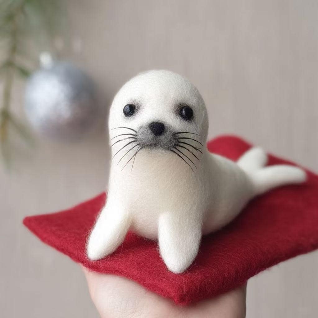 Needle Felted Christmas Seal – Handmade Wool Winter Ornament