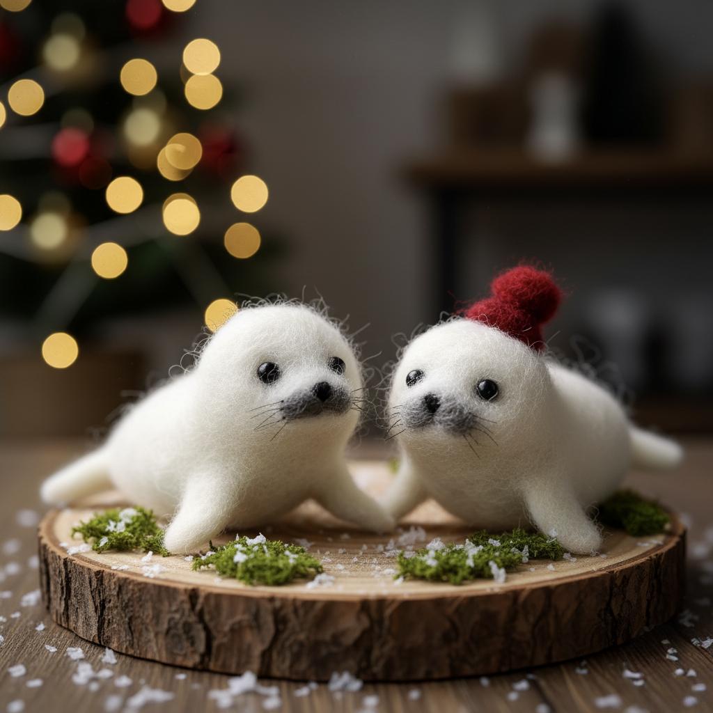 Needle Felted Christmas Seal – Handmade Wool Winter Ornament