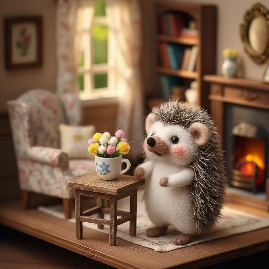 Needle felted hedgehog figurine made of wool, handmade woodland miniature decor by wwwilovefelt, perfect for gifts or home decoration