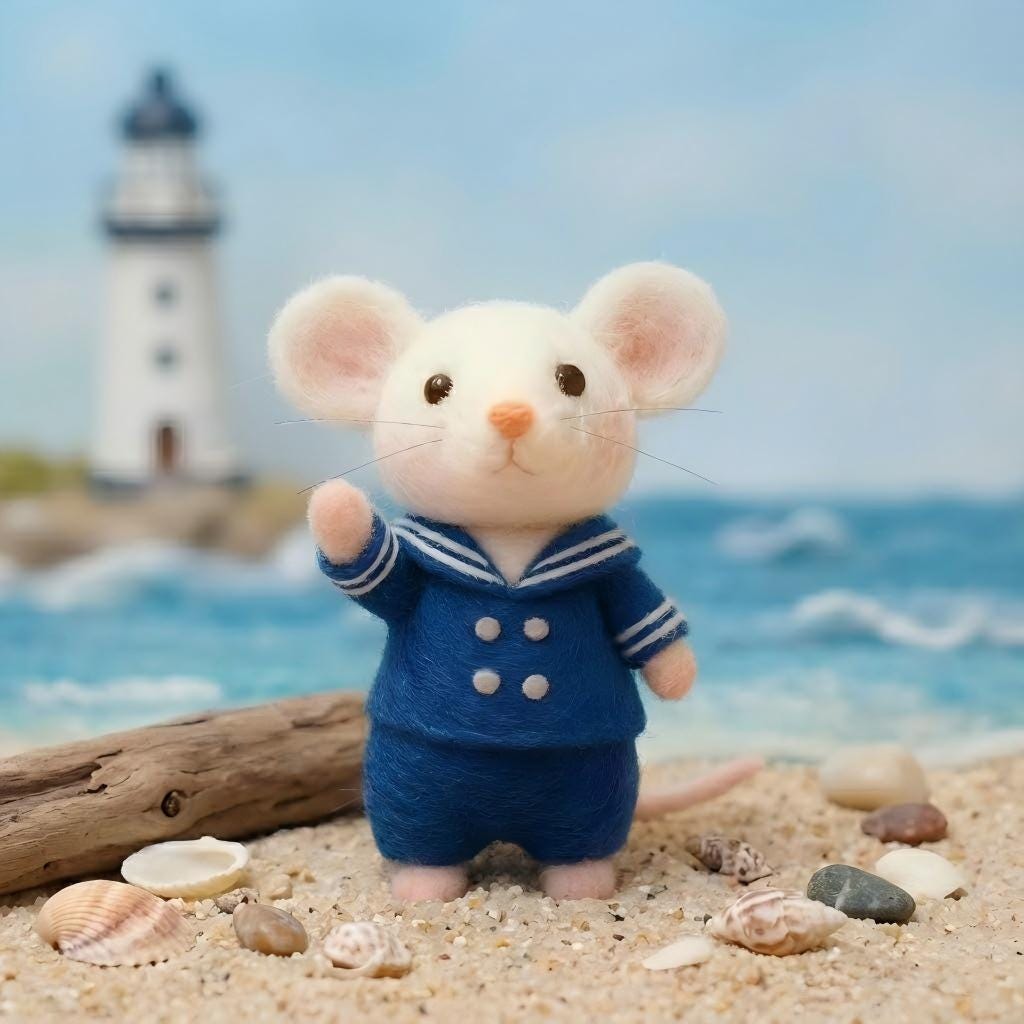 Needle felted wool navy mouse figurine from wwwilovefelt, a charming collectible for kids and adults, perfect for Christmas stockings.