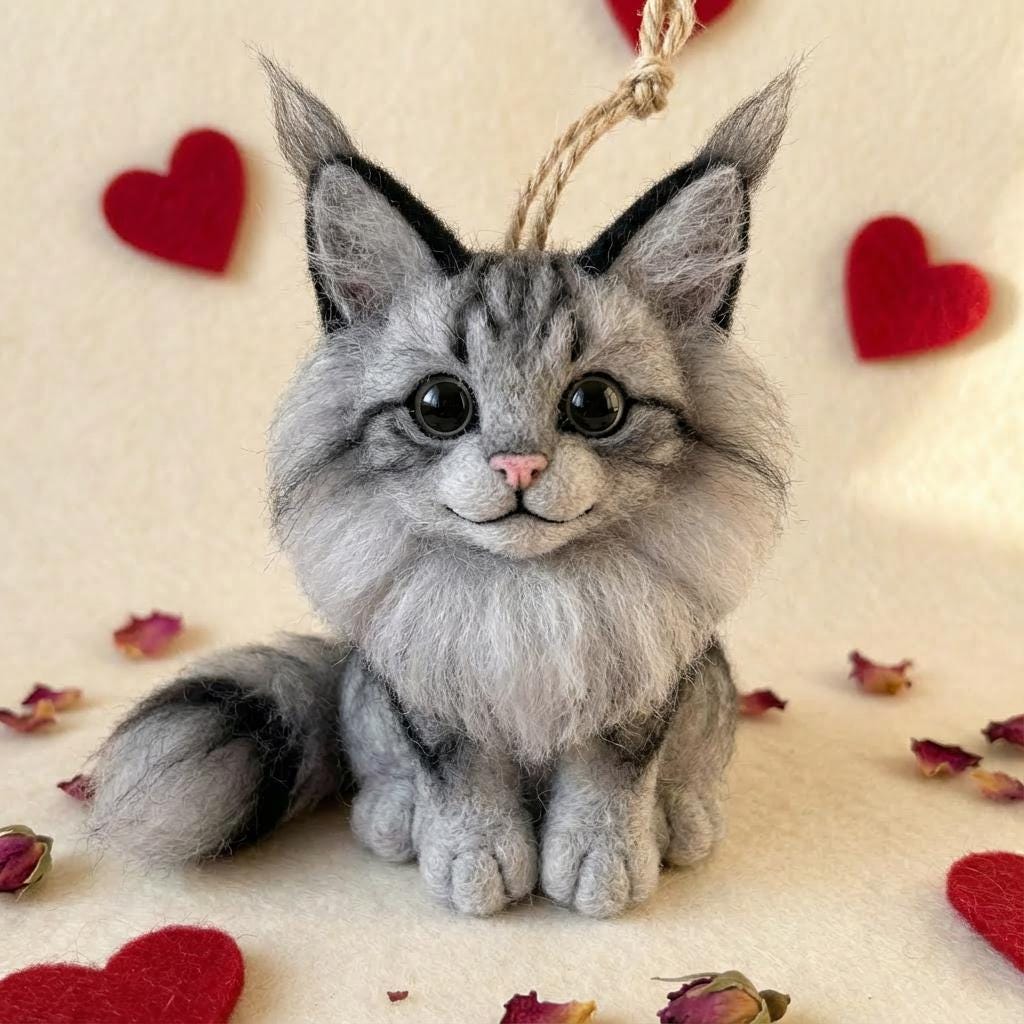 Needle Felted Cat Ornament, Handmade Wool Sculpture, Mother’s Day Gift for Cat Mom