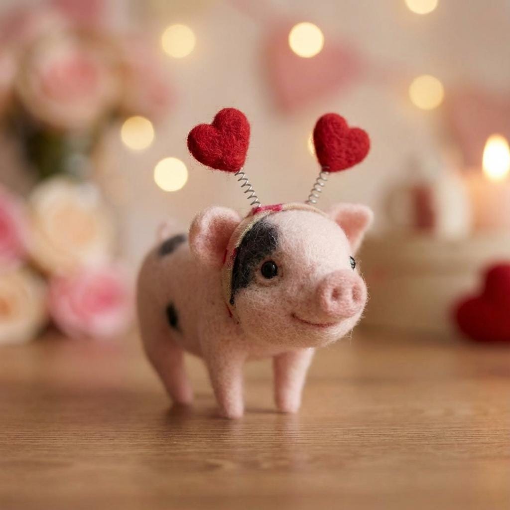 Handmade wool needle felt pig figurine by wwwilovefelt, whimsical home decor sculpture with a cute, detailed design.
