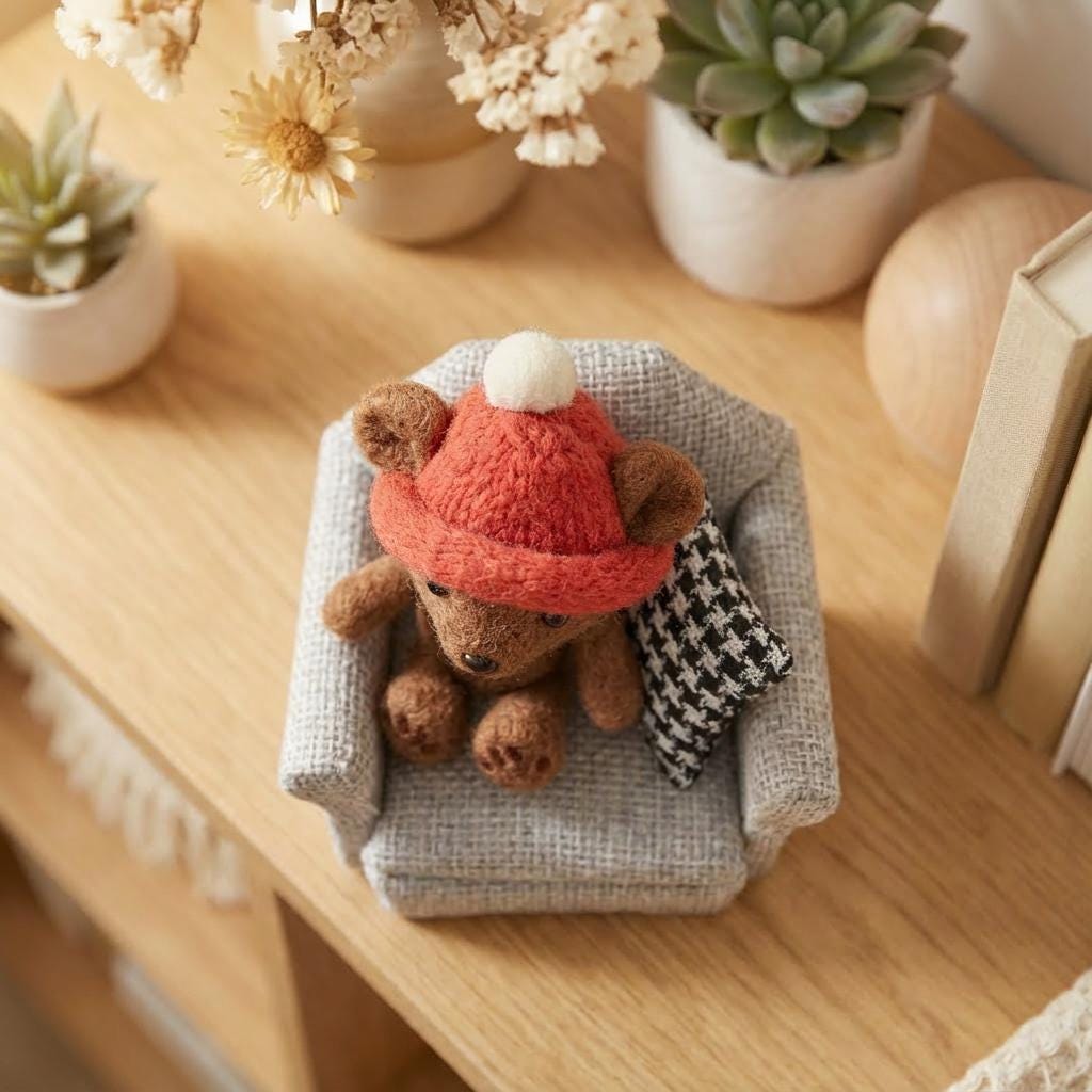 Needle felted teddy bear figurine in a mini wicker stroller, a charming dollhouse collectible gift by wwwilovefelt.