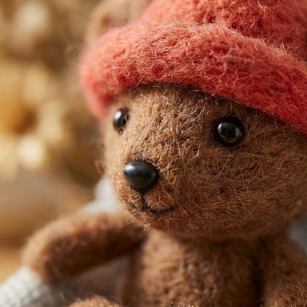 Needle felted teddy bear in a mini wicker stroller, collectible dollhouse figurine by wwwilovefelt.