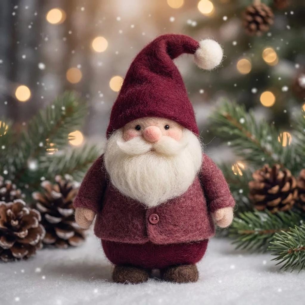 Handmade wool needle felt gnome figurine with woodland design, perfect as a miniature decorative gift for moms.