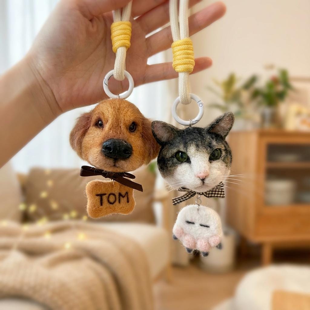 Custom Pet Portrait Keychain, Needle Felted Dog Cat Bag Charm, Personalized Pet Gift, Photo to Felt, Memorial Keepsake