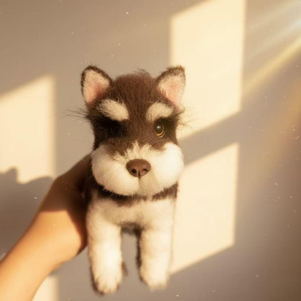 Needle felted Schnauzer pet portrait sculpture by wwwilovefelt, rainbow bridge memorial dog figurine with colorful felt details.