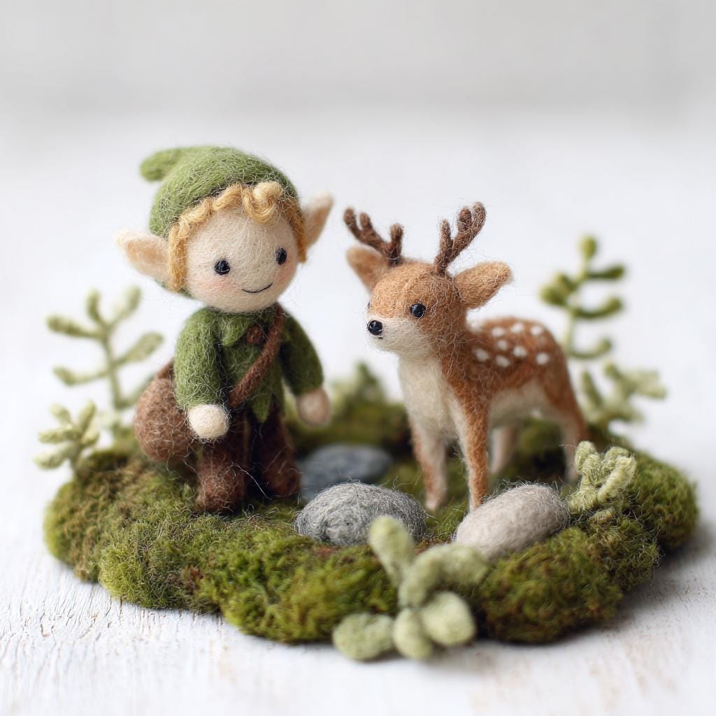 Needle felted elf and deer figurine from wwwilovefelt, handcrafted miniature sculpture depicting woodland friendship scene.