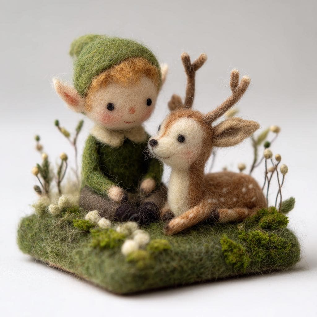 Needle felted elf and deer figurine by wwwilovefelt, handmade miniature sculpture depicting woodland friendship scene.