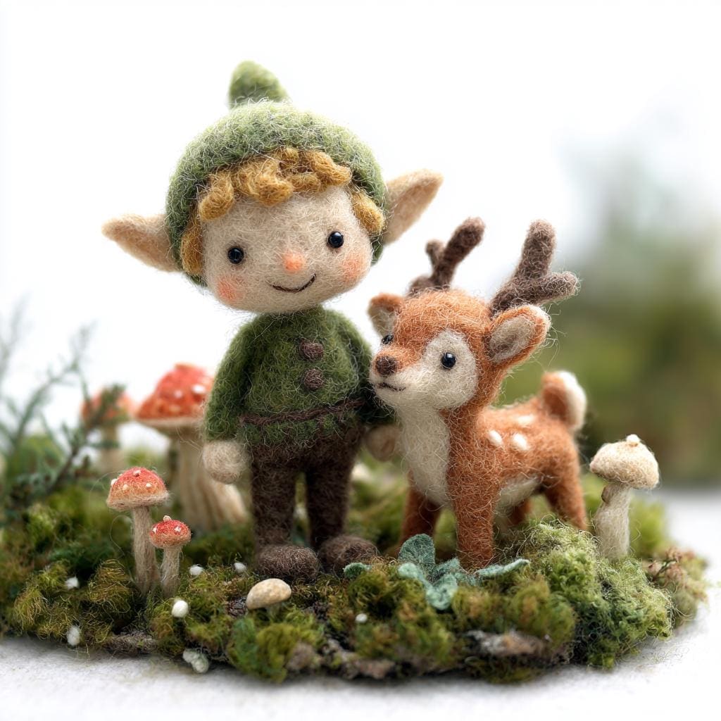 Handmade needle felted elf and deer figurine from wwwilovefelt, depicting a woodland friendship scene in miniature sculpture.