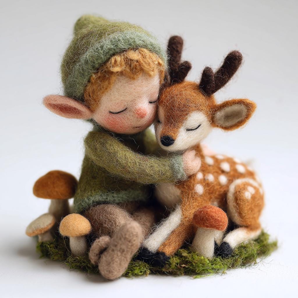 Needle felted elf and deer miniature sculpture by wwwilovefelt, woodland friendship gift, handmade felt figurine with detailed features.