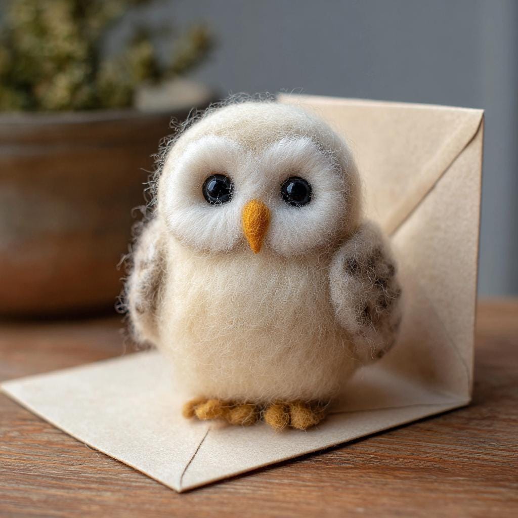 Needle felted owl figurine made of wool, mini desk decor, handcrafted sculpture for gift or display.