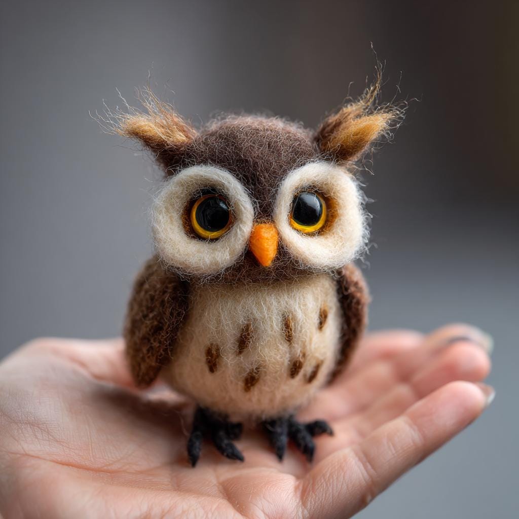 Needle felted owl figurine by wwwilovefelt, handmade wool animal sculpture, mini desk decor, detailed and colorful craft.