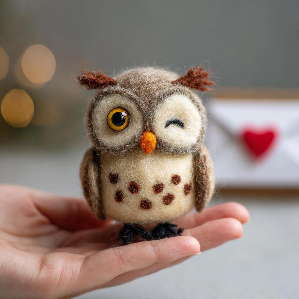 Handmade needle felted owl figurine with detailed wool texture, perfect for mini desk decor or gift for mom.
