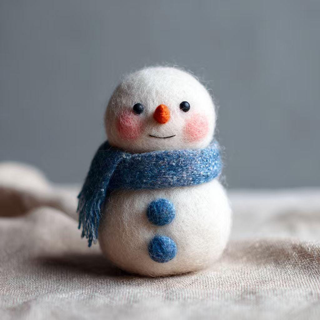 Needle Felted Snowman Doll, Wool Figurine, Birthday Gift, Handmade Desk Decor, Winter Collectible Keepsake