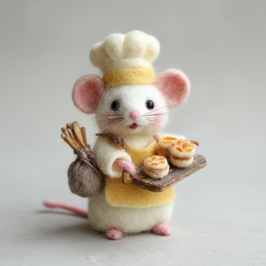 Handmade needle-felted mouse couple baking heart desserts, romantic Valentine love scene decor