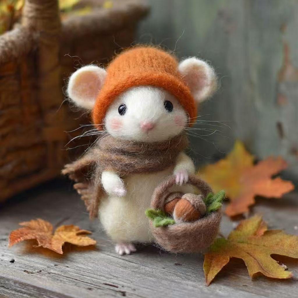 Handmade needle felted mouse figurine from Jiajia Felt Studio, detailed felt animal for spring and Easter decor.