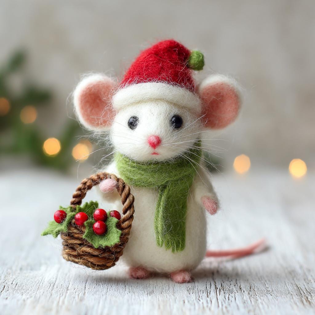 Handmade needle felted mouse figurine by Jiajia Felt Studio, perfect as a spring or Easter gift, showcasing detailed craftwork.