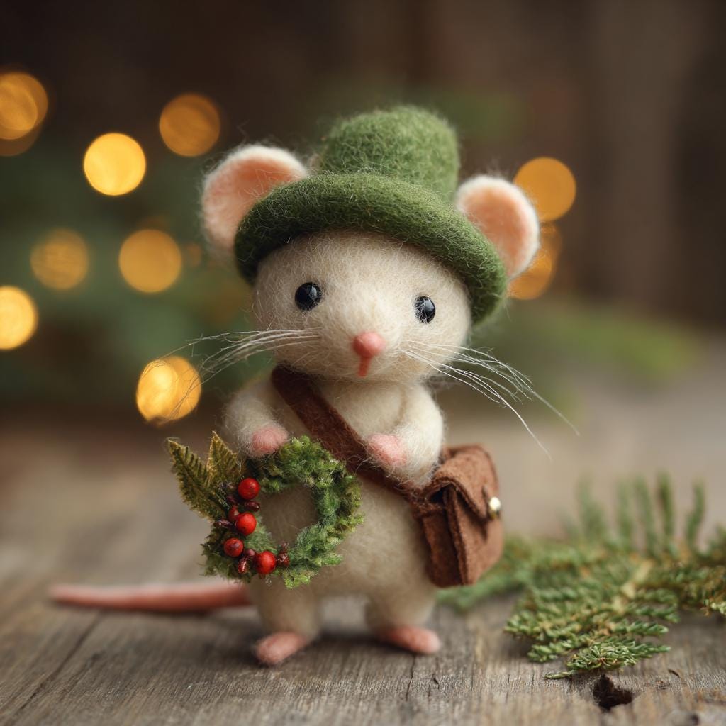 Handmade felt mouse figurine from Jiajia Felt Studio, detailed needle felted animal sculpture for spring and Easter decor.