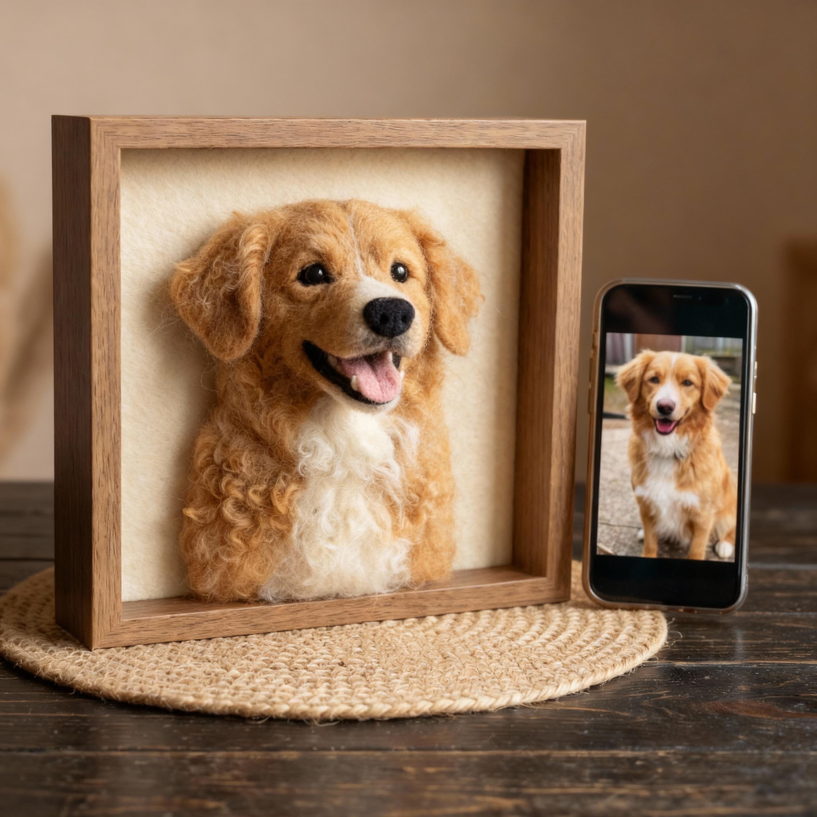 Needle felted dog or cat figurine in a custom pet portrait frame, designed for anniversary or memorial keepsakes by wwwilovefelt