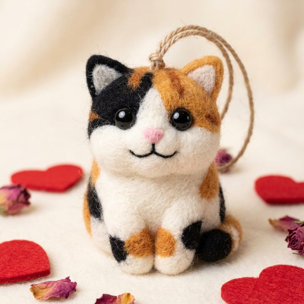 Needle felted cat ornament by wwwilovefelt, a handmade wool sculpture showcasing a cute feline figurine perfect as a cat mom gift.