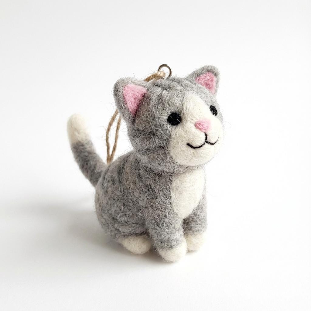 Handmade needle felted wool cat ornament sculpture by wwwilovefelt, showcasing a detailed and adorable feline figurine.