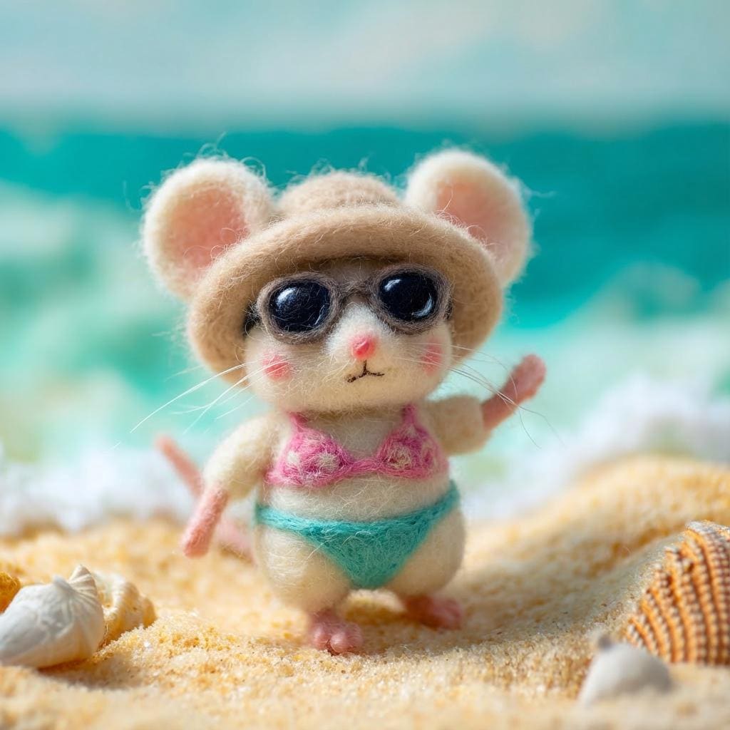 Handmade needle-felted surfing mouse figurine with surfboard, coastal beach decor gift