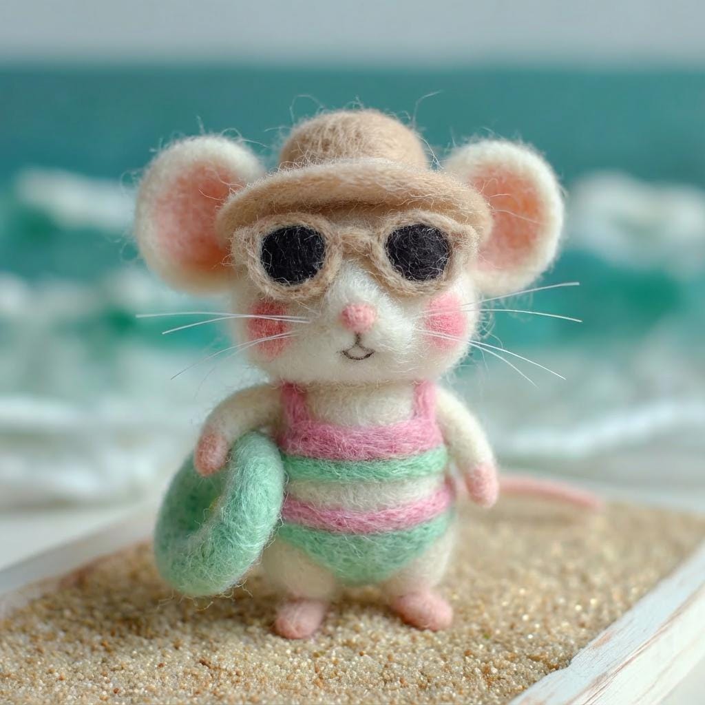 Handmade surfing mouse felt figurine, wool mini sculpture with surfboard, ideal beach decor or birthday gift, by wwwilovefelt