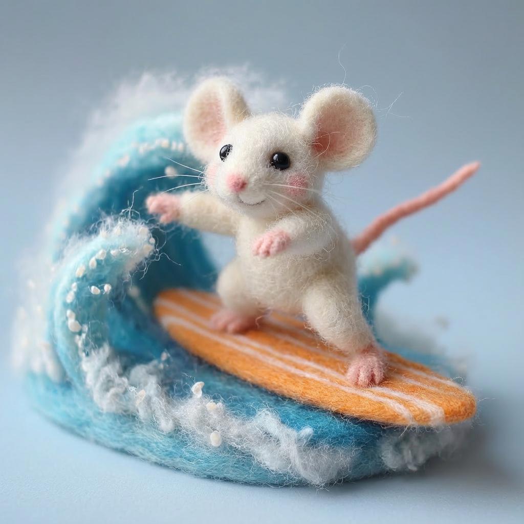 Needle felted surfing mouse figurine by wwwilovefelt, handmade wool sculpture perfect for beach decor or birthday gift.