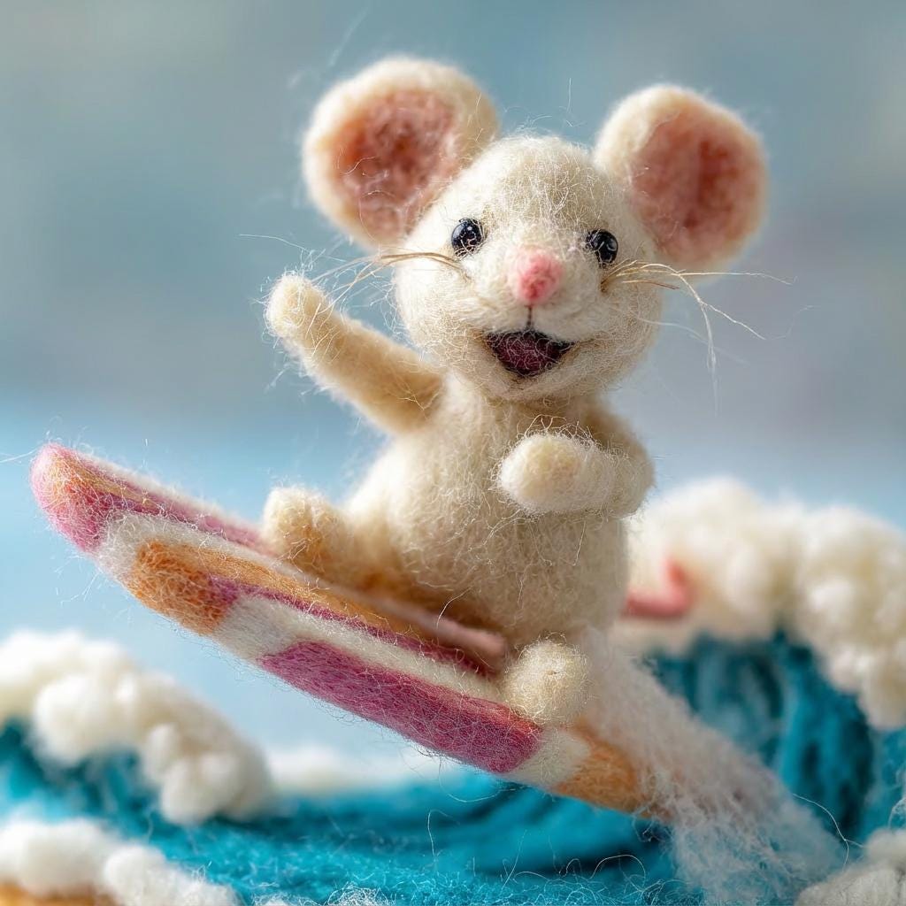Handmade needle-felted surfing mouse figurine with surfboard, coastal beach decor gift - view 2