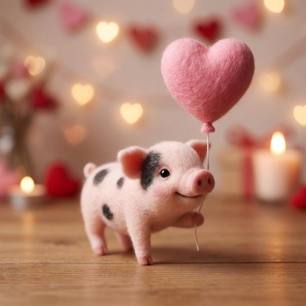 Handmade needle felted pig figurine by wwwilovefelt, whimsical wool sculpture for home decor or gift, detailed and colorful.