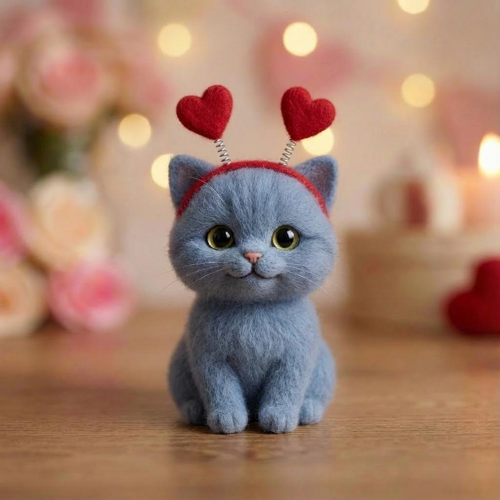 Needle felted handmade cat figurine by wwwilovefelt, cozy decorative sculpture for cat lovers on a shelf.