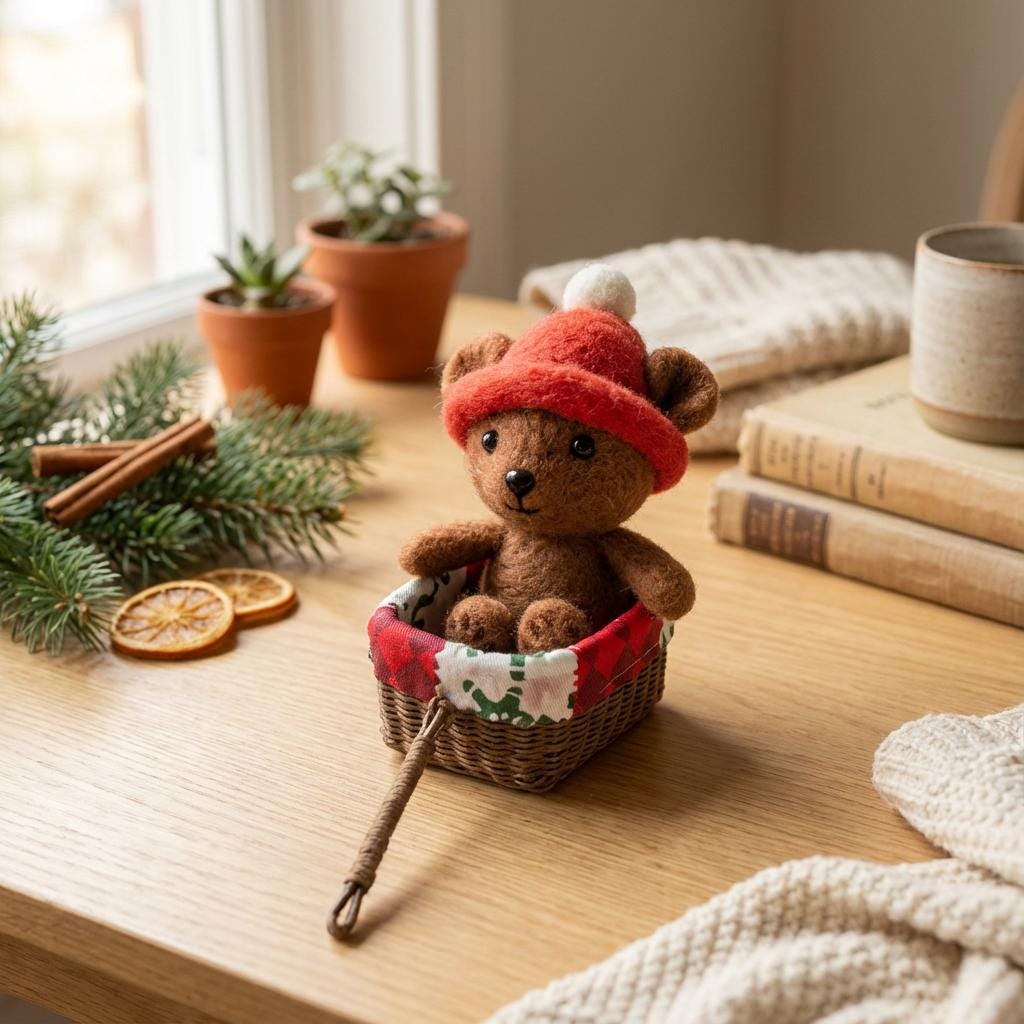 Needle felted teddy figurine in a mini wicker stroller, a charming dollhouse collectible gift by wwwilovefelt.