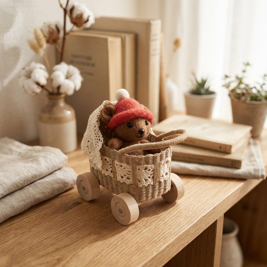 Needle felted teddy bear figurine in a mini wicker stroller, a charming dollhouse collectible gift by wwwilovefelt.