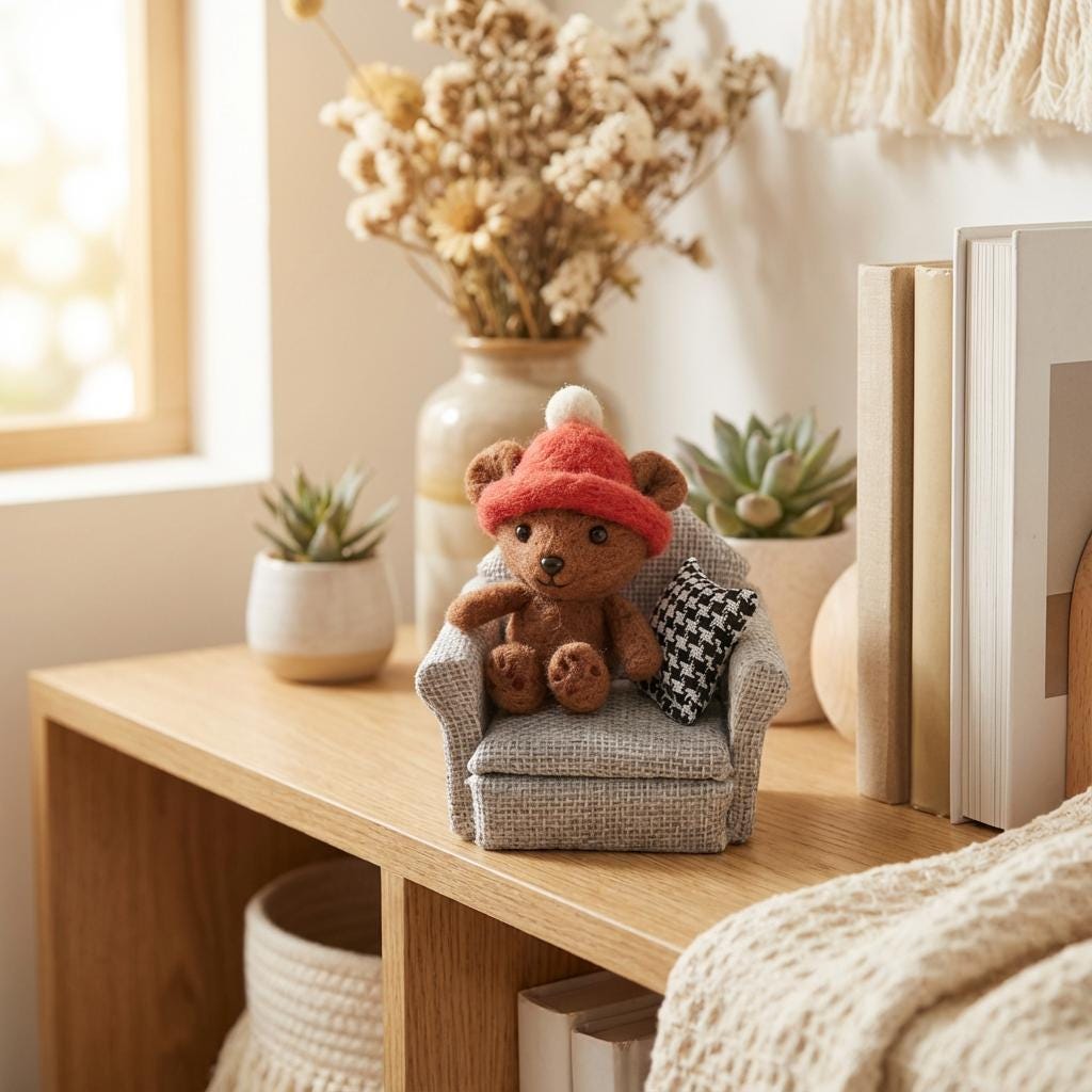 Needle felted teddy bear figurine in a mini wicker stroller, collectible dollhouse gift by wwwilovefelt.
