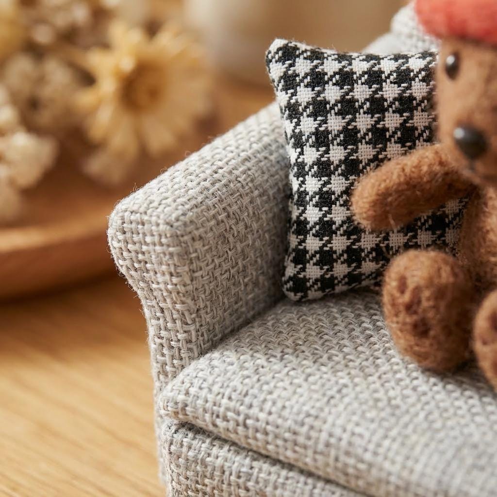 Needle felted teddy bear figurine in a mini wicker stroller, a charming dollhouse collectible gift from wwwilovefelt.