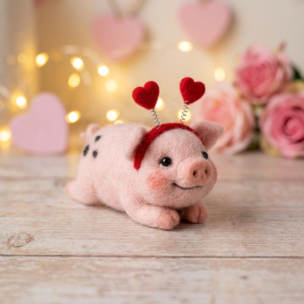 Handmade wool felt pig figurine from Jiajia Felt Studio, perfect as a spring or Easter gift, detailed felt animal sculpture.