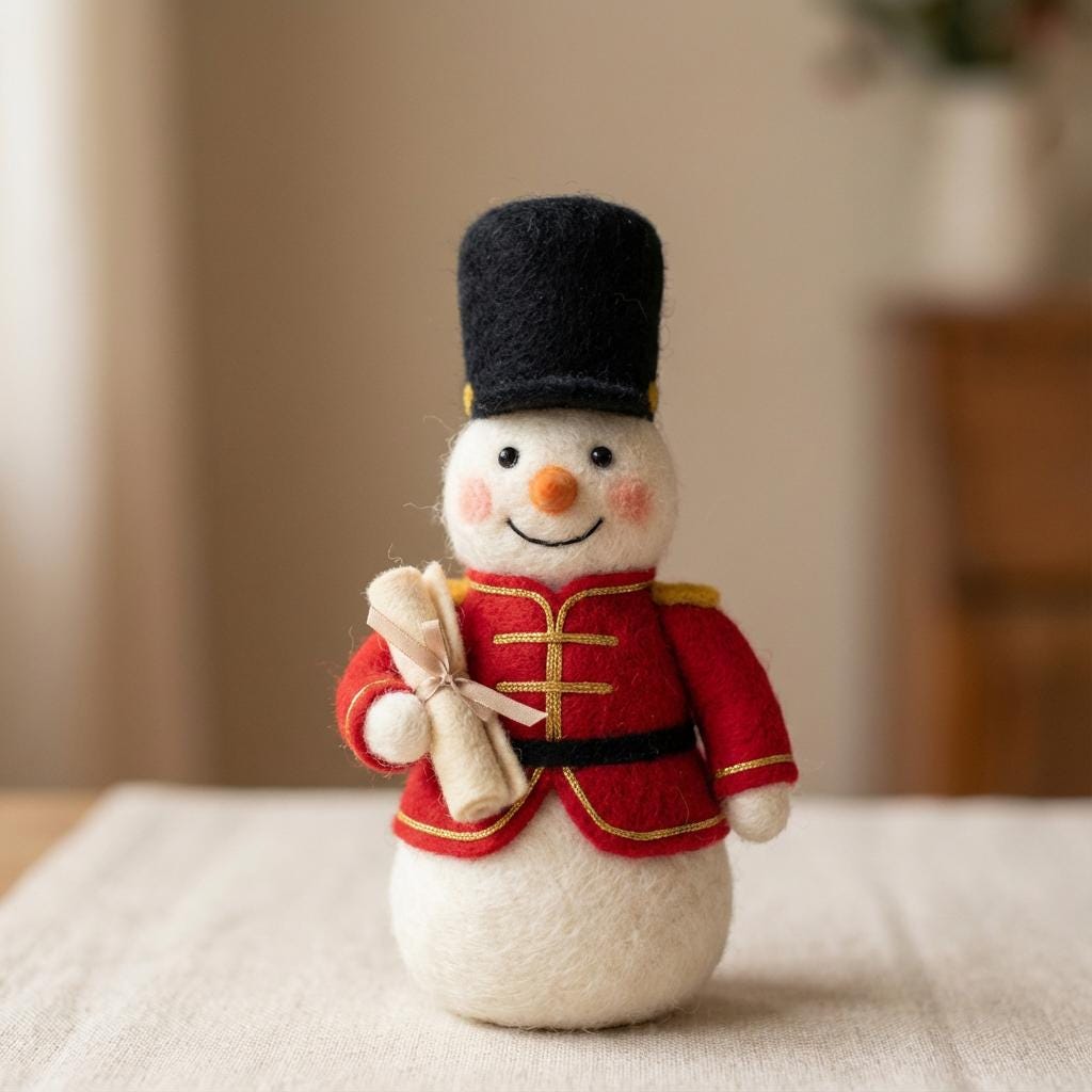 Handmade wool felt snowman figurine from Jiajia Felt Studio, seasonal holiday decor with a charming felt holiday figurine appearance