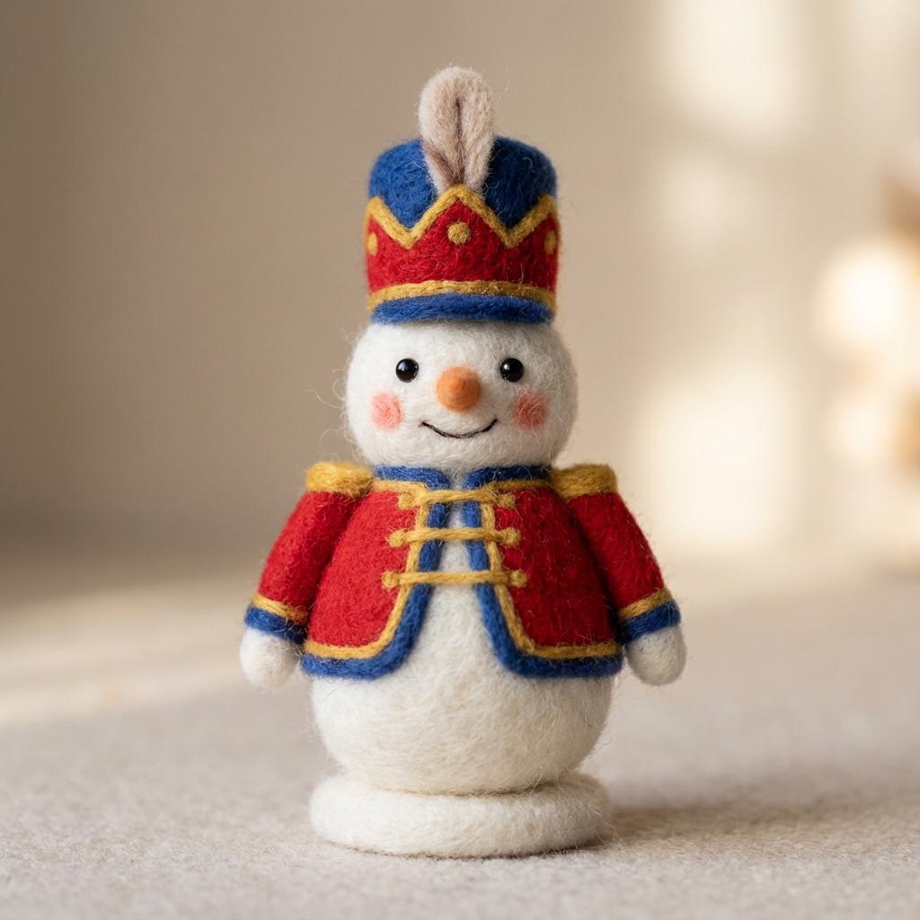 Handmade wool felt snowman figurine with orange hat and scarf, seasonal holiday decor by Jiajia Felt Studio.