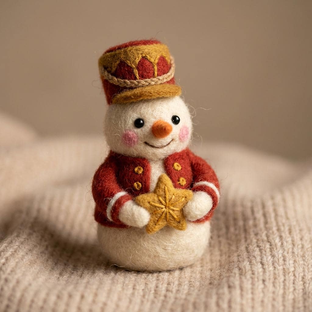 Handmade wool felt snowman figurine with scarf and buttons, seasonal holiday decor by Jiajia Felt Studio.