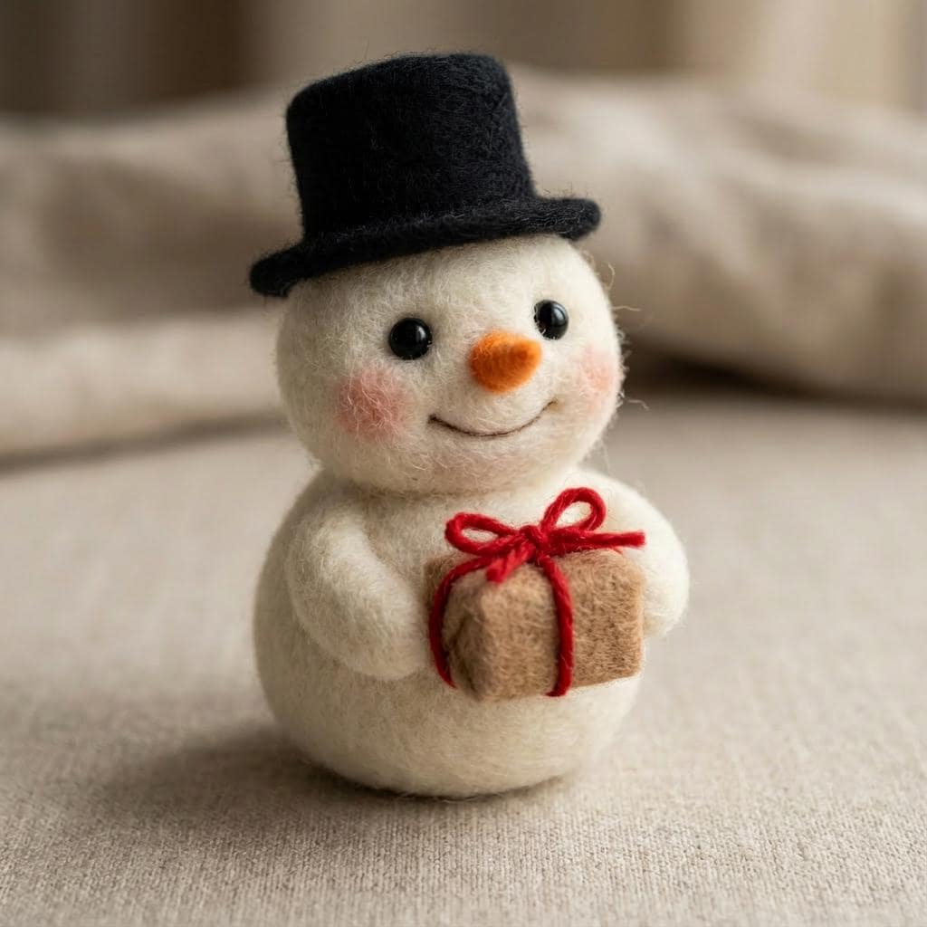 Handmade wool felt snowman figurine from Jiajia Felt Studio, seasonal holiday decor with a cozy, festive look.