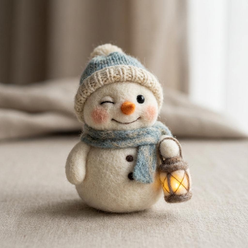 Handmade Jiajia Felt Studio wool felt snowman figurine with winter hat and scarf for seasonal holiday decor.