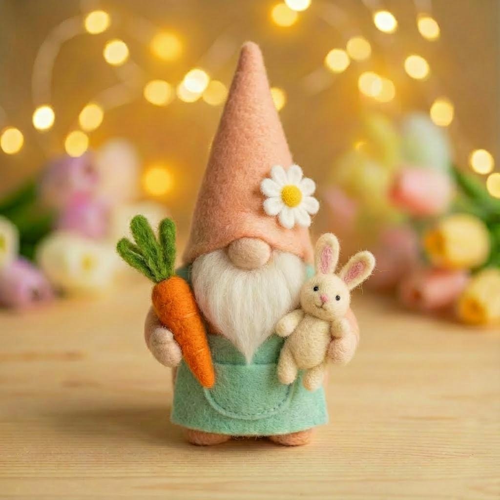 Needle felted handmade Easter gnome figurine with wool felt, spring-themed decorative needle felted wool gnome.