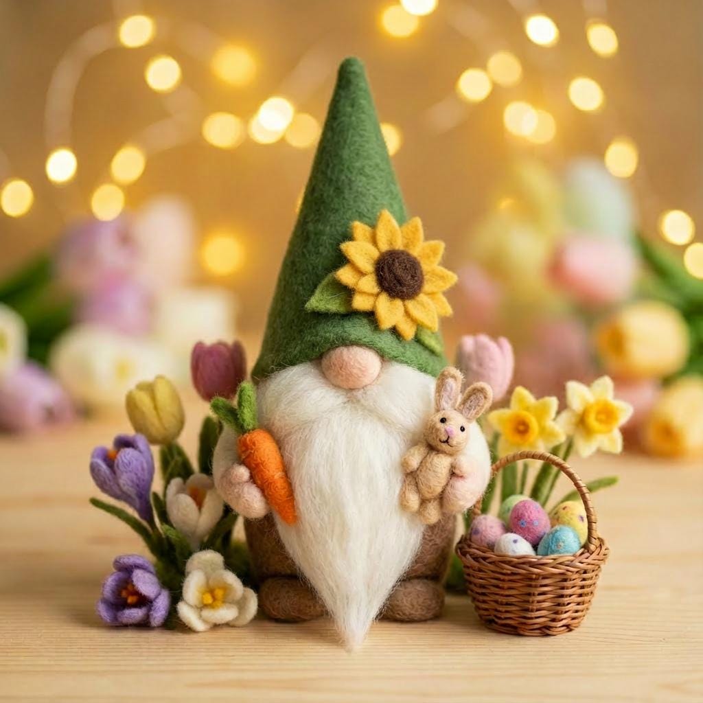Needle felted handmade Easter gnome figurine with wool felt, spring-themed decor, featuring a cute gnome with a pointy hat and floral accents.