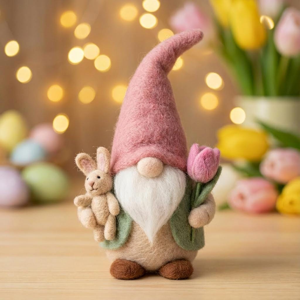 Needle felted handmade Easter gnome figurine with wool felt, perfect for spring decor, crafted by wwwilovefelt.